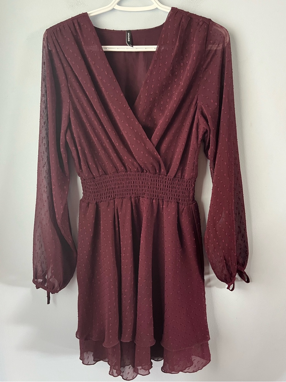 House Burgundy Swiss Dot Long Sheer Sleeve Lightweight Mini Dress Size S